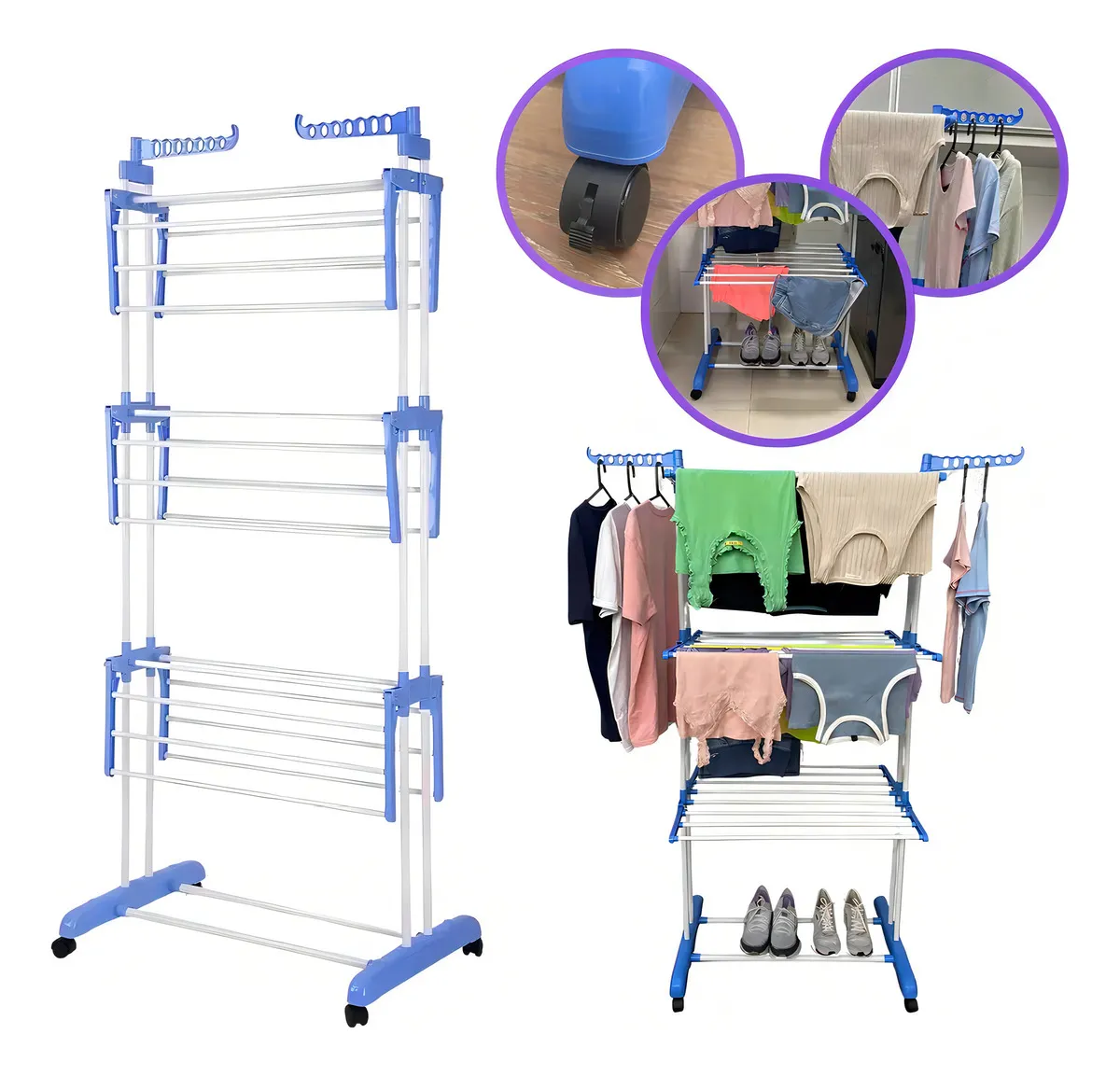 Varal de Chão Epsilon Grande Dobrável Com 4 Rodas Para Roupas, Azul