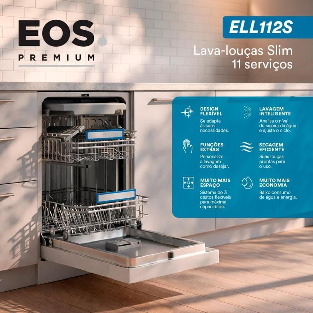 Lava-louças Eos Premium 11 Serviços Slim Prata Ell112s 220v