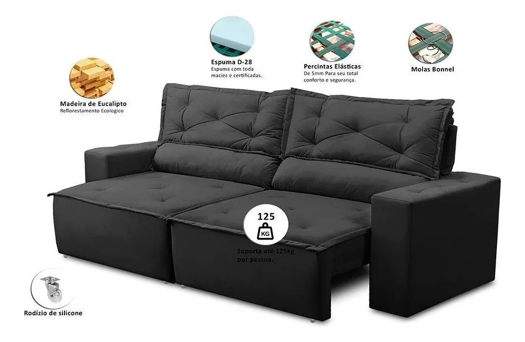 Sofá Retrátil E Reclinável Com Molas 1,80m Livia Suede Preto