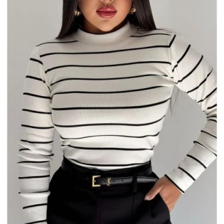 Cacharrel Women's Long Sleeve Turtleneck Striped Winter Basic Fashion Casual Work Blouse