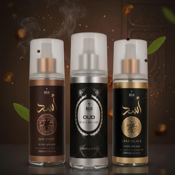 Kit 3 Body Splash Árabe Masculino Bourbon, Oud E Asad Black 200 ml - Bello Charme