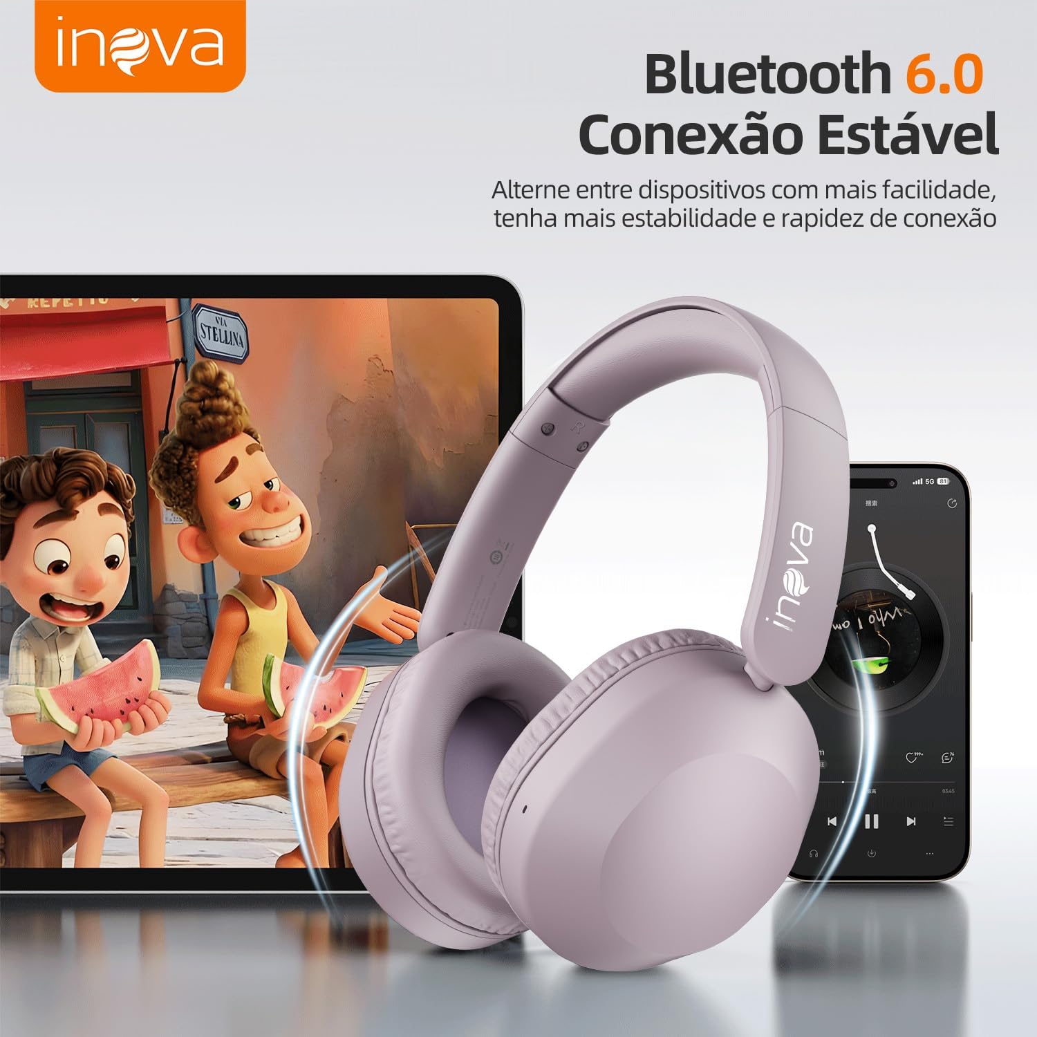 INAVA Headphone Bluethooth, 25h, Áudio Hi-Res, Headset com Microfone, ENC, Fone de Ouvido Bluetooth, Suitable for Travel, Home, and Office Use (Roxo)