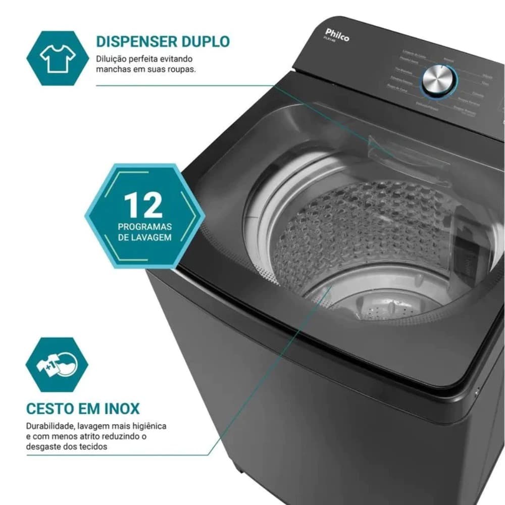 Máquina de Lavar Philco 14 Kg Preto Plr14b 12 Programas Cesto de Inox Tampa de Vidro