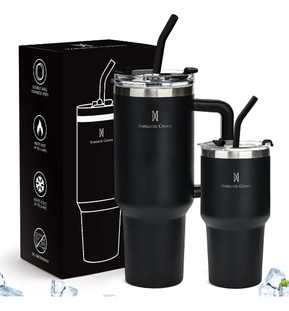 Kit Copo Térmica Inox 1200ml & 600ml Com Tampa E Inox Canudo