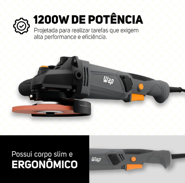 WAP Esmerilhadeira Angular 5” WF ES02 com Empunhadura Auxiliar 3 Posições Protetor de Disco125MM 13000RPM 1200W
