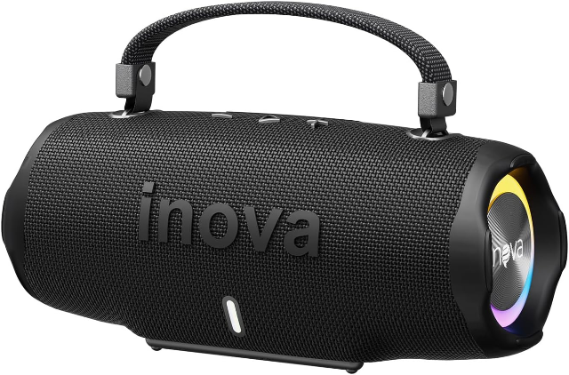 INOVA Caixa de Som Bluetooth 5.4 com Música 12 Horas por Dia - Som Estéreo Explosivo, Luzes RGB Coloridas, Impermeável IPX6 - Sua Companheira Perfeita para Praia, Acampamento e Festas (Preto)
