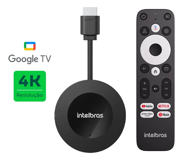 Smart Box Android Tv G Dongle 4k Intelbras - 32GB Armazenamento - Google Tv Certificado - Wifi Dual Band - Entrada pra cabo de Rede