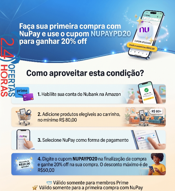 Cupom de 20% acima de R$ 80 com desconto máximo de R$ 50 pagando com NuPay na Amazon