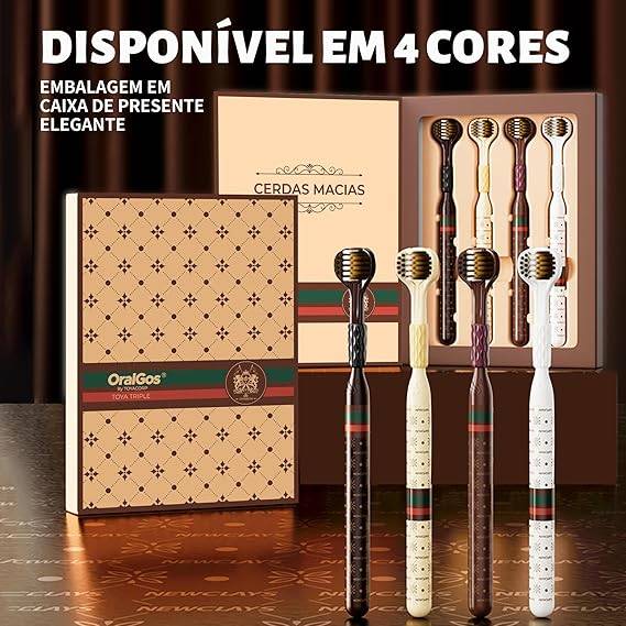 OralGos Escova de Dente 3 Lados, Kit com 4 Unidades, Design de Limpeza Tripla, Cerdas Super Macias e Densas, Escova Adulto, Embalagem Premium para Presente, Ideal para Gengivas Sensíveis, para Uso em Família ou para Presentear
