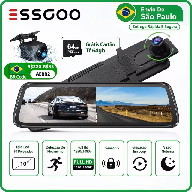 Câmera Veicular ESSGOO 10" com Tela Touch, Vídeo 1920*1080P, GPS, WIFI, AUX, Gravador de Espelho Retrovisor