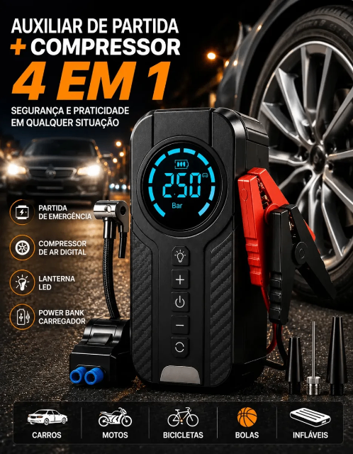Auxiliar De Partida Para Carro Compressor De Ar Portátil 12V 4 funções em 1 Inflador Digital Calibrador De Pneu Power Bank Lanterna LED Emergência Automotiva Moto SUV Bicicleta Caminhonete MidiaFone