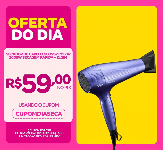 Secador de Cabelo Glossy Color 2000W Secagem Rápida - Elgin