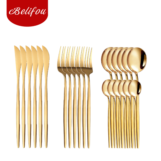 Belifou Kit 24 Jogo De Talheres Inoxidável Suprimentos Cozinha Talheres Dourados Talheres