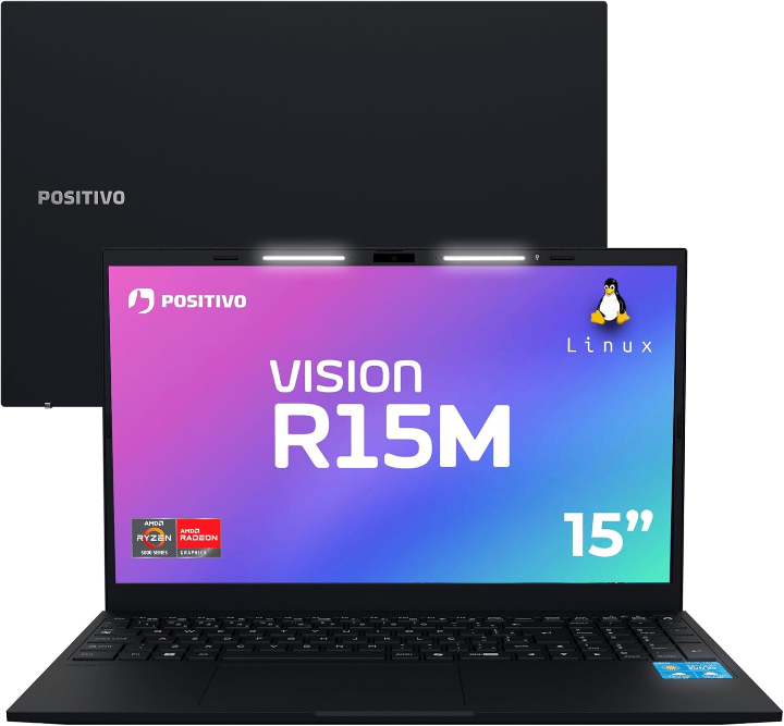 Notebook Positivo Vision R15M AMD Ryzen 3-7330U Linux 8GB RAM 512GB SSD Wi-Fi 6 Tela 15” Full HD IPS Antirreflexo - Minitela - Permite upgrade de memória RAM e SSD - Preto