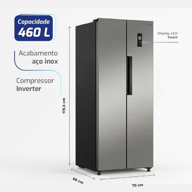 Geladeira Refrigerador HQ Frost Free Side By Side 460 Litros Inox HQ-460SBSFF