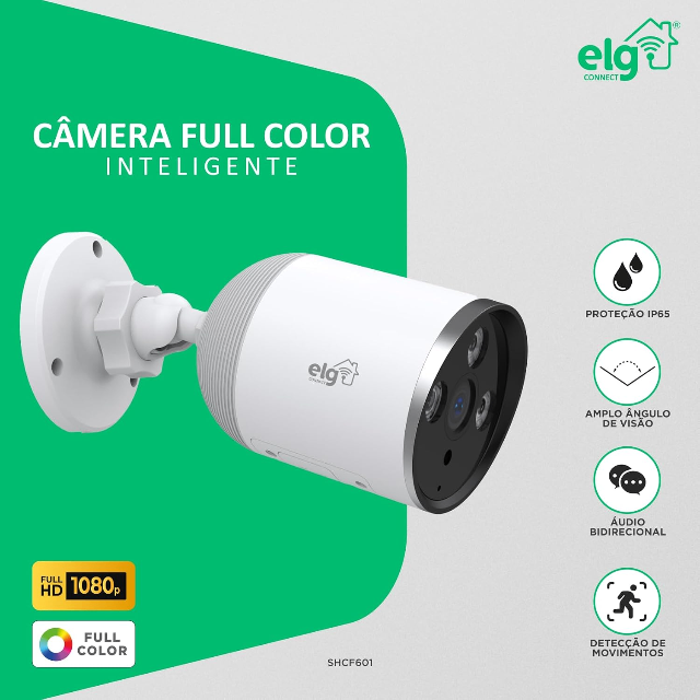 ELG, SHCF601, Câmera Externa Full Color 1080P IP65, Lente 3.6mm, Grava Full HD 1080p, Inteligente, Wi-Fi, Protocolo ONVOF, Perfil S, Branco