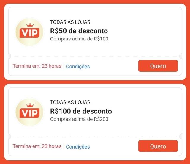 Cupons de R$ 100 acima de R$ 200 e R$ 50 acima de R$ 100 na Shopee para VIP