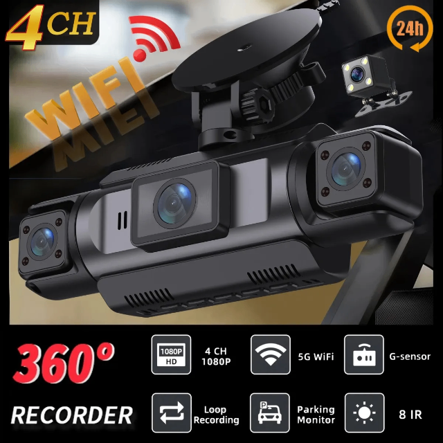 Câmera De Carro Wifi Dash Cam 360 De 4 Canais 4 Monitores Ips 24h