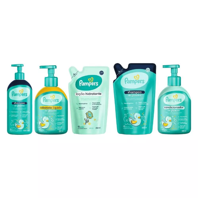 Kit Pampers Glicerina Shampoo 350ml e 400ml + Condicionador 200ml + Sabonete Líquido 200ml + Loção Hidratante 350ml