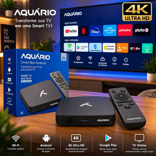 Smart TV Box Aquário STV-3000 Plus Sistema Android TV 4K 16GB Cor Preto