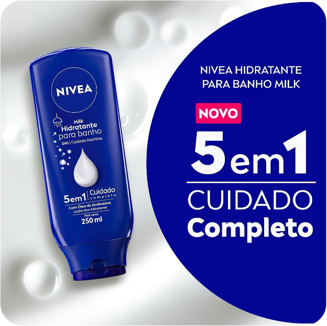 NIVEA Hidratante para Banho Milk 250ml, Cuidado Nutritivo 24h, Uso no Banho, Óleo de Amêndoas, Sensação de Maciez, Pele Seca