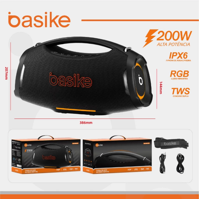 Caixa de Som Portátil Basike Bluetooth 200W Graves Fortes 18000mAh IPX6 À Prova D'água RGB e TWS