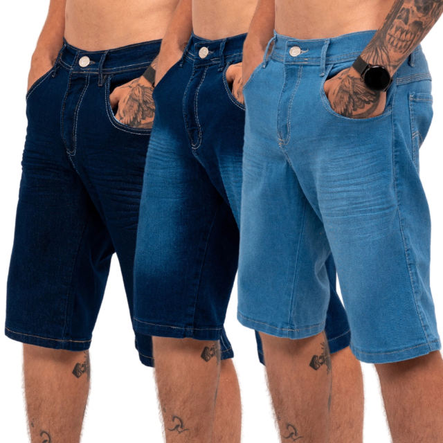 Kit 3 Bermudas Jeans Masculina Lycra Elastano