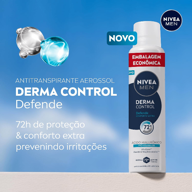 NIVEA MEN Desodorante Antitranspirante Aerossol Derma Control Defende 200ml, Proteção 72h, Previne Irritações, Ácido Hialurônico, Conforto Extra