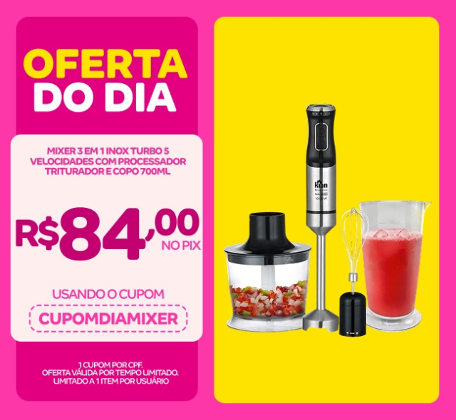Mixer 3 em 1 Kian 1000W Inox Turbo 5 Velocidades com Processador Triturador e Copo 700ml