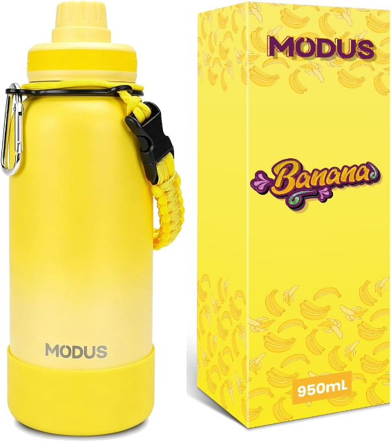 MODUS 950mL Garrafa de Água Térmica Esportiva Inox Isolada a Vácuo com Base Emborrachada Anti Derrapante (Gradiente Amarelo)