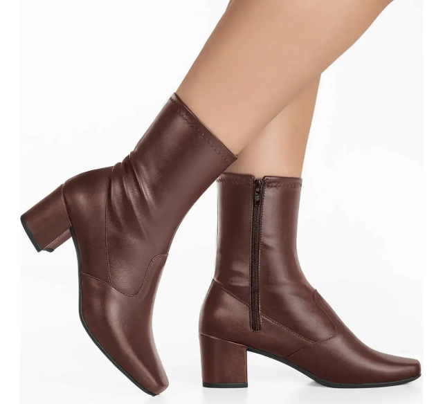 Bota Branca Feminina Stretch Bico Quadrado Salto Grosso