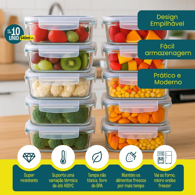 Kit 10 Potes De Vidro Hermético 640ml 4 Travas Livre De BPA (Cinza)